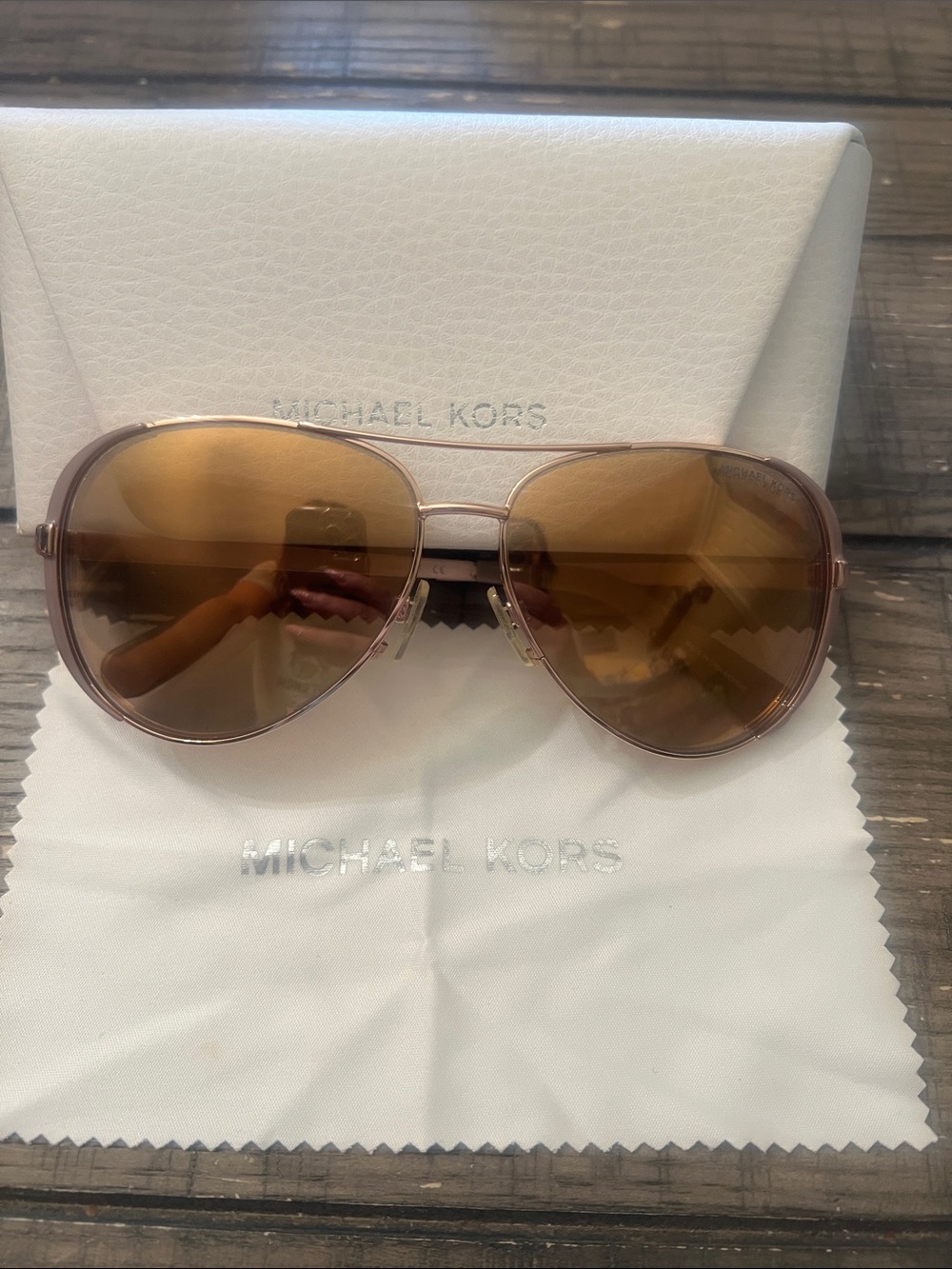 Michael Kors Rose Gold Frame Aviator Sunglasses with Brown Gradient Lenses